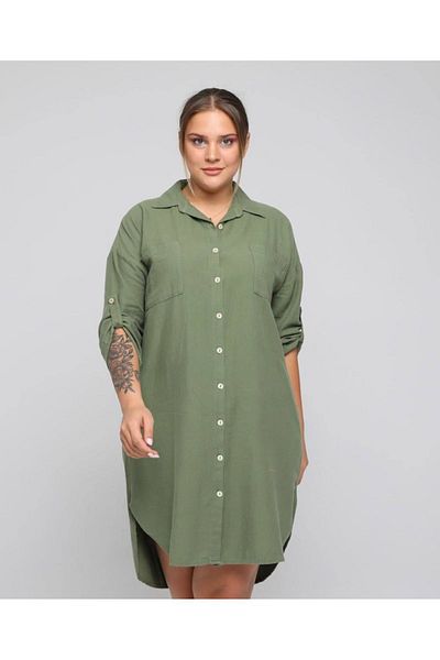 AKŞEN GİYİM LARGE SIZE 100% COTTON LINEN INNEN DISCOVERY SIDE TWO POCKET TRUVAKAR SLEEVE DETAIL TUNIC/ELBISE