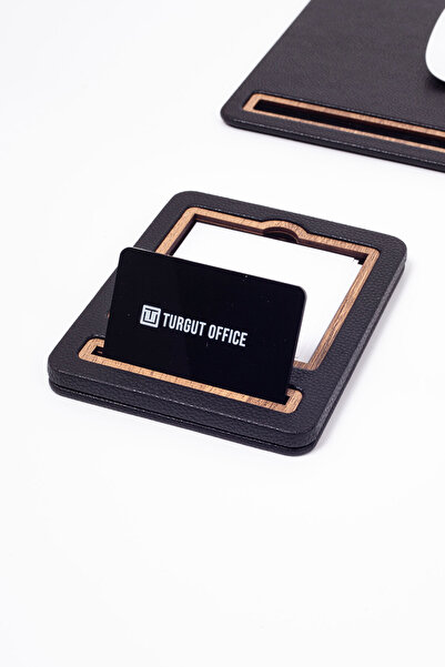 Turgut Office Leather Note Holder Black Wooden Detailed Note Case and Business Card Holder