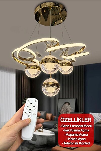 NZL Lighting 3 Renk Kumandalı Modern Sarkıt 4 Toplu Kelebekli Ledli Avize Gold Nikelaj Kaplama Avize