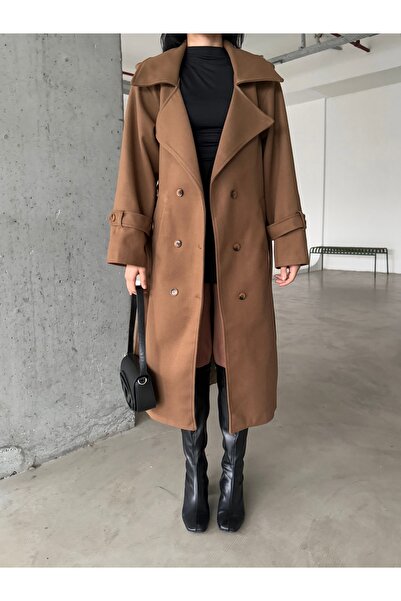 Female Clothing Taba Astarlı Cepli Uzun Kaban Mont