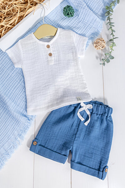 Babymod %100 Pamuklu Müslin  Düğmeli Alt Üst Şortlu  Yazlık Erkek  Bebek Takımı