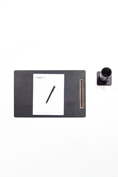 Turgut Office Кожена подложка за конферентна маса, черна, с вертикални дървен...