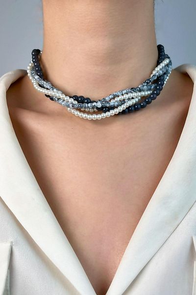 Sose Moda Coiled Necklace with Crystal Beads and Pearls - Gray