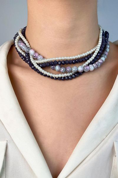 Sose Moda Coiled Necklace with Purple Crystal Beads and Pearls