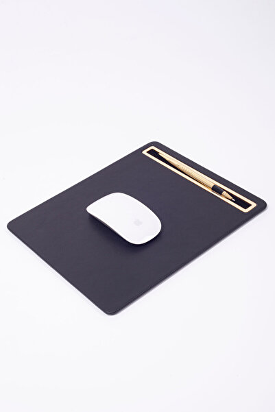 Turgut Office Leather Mousepad Plain Black with Gold Detail