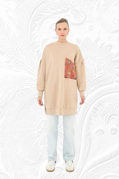 Puane Women's Crew Neck Scuba Fabric Shiny Pocket Detailed Tunic