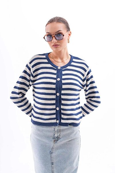 Paydey guler tip Peter Pan Cardigan tricot pentru femei cu dungi bleumarin