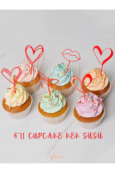 GLAM DEKORASYON 6'lı Sevgililer Günü Konsept Cupcake Kek ve Pasta Süsleri, Ye...
