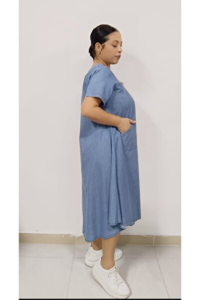 AKŞEN GİYİM DIMENSIUNE PLUSĂ ȚESătură DENIM DENIM GULER ROTUND FUSTA DE BUZUUNAR PLASĂ ROCHIE DE JEANS MÂNECĂ SCURTĂ