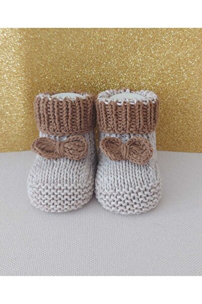 BEGİN Kahverengi Hediyelik Bebek El Örgü Akrilik Yün Panduf Patik Fiyonklu Do...