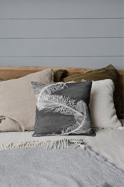 Home Single Throw Pillow Cover – Black Background White Feather Pattern Digital Print Rachel Fabric (45X45)