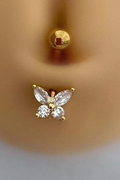 MAZEN Cerrahi Çelik Küçük Kelebek Figürlü Göbek Piercingi Zirkon Taşlı