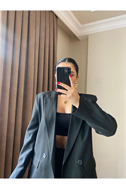 MODA Kadın Vatkalı Oversize Siyah Blazer Ceket Kapaklı Düğmeli Cepli Kruvaze