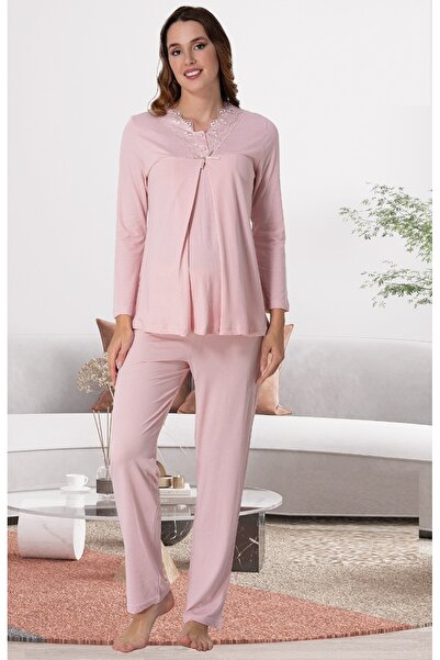 by İGP Lace Detailed Maternity Long Sleeve Cotton Pajamas Set