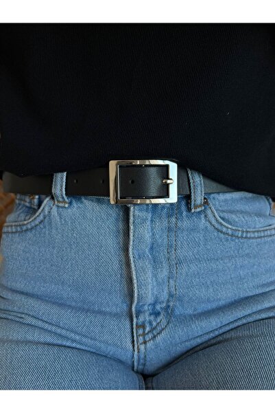 Eksibir Gümüş Kare Tokalı Kadın Kemeri Pantolon Kemeri Elbise Kemeri