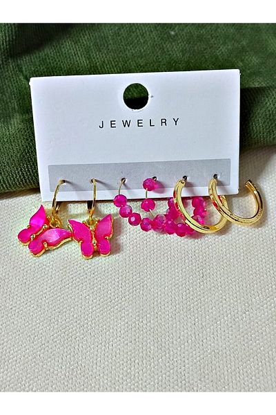 mos&more Set of 6 Pink Butterfly Beaded Hoop Women's Earrings