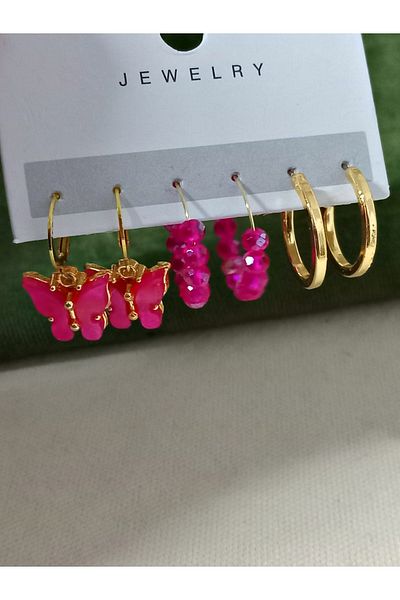 mos&more Set of 6 Pink Butterfly Beaded Hoop Women's Earrings
