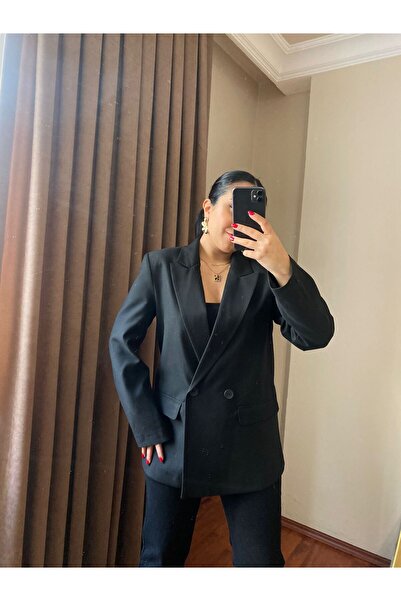 MODA Kadın Vatkalı Oversize Siyah Blazer Ceket Kapaklı Düğmeli Cepli Kruvaze