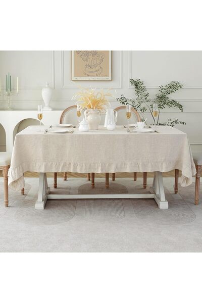 Erba kreasyon مفرش طاولة من الكتان الطبيعي 100%، مفرش طاولة مكشكش مقاس 120x160 سم