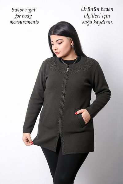 Laden Women's Khaki Knitwear Woolen Corded Embroidered Jacket Zippered Winter Thick Mother Cardigan