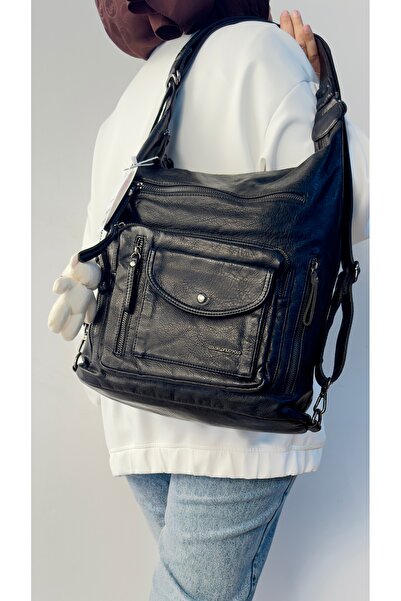 Just Polo KADIN SİYAH SIRT VE OMUZ ÇANTASI İTHAL YIKAMALI DERİ ÇOK BÖLMELİ SI...