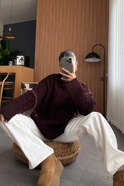 Bengi Clothing Pulover de damă din tricot cu model, cu gâtul turn, tricotaj lungi