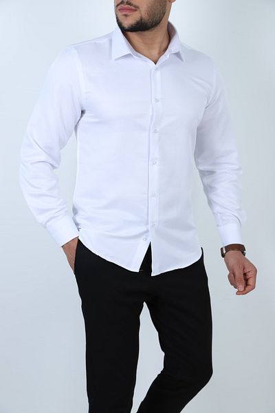 cto your style Slim Fit Slim Fit Solid Hard Neck Long Sleeve Easy Ironing Four Seasons White Men's Shirt