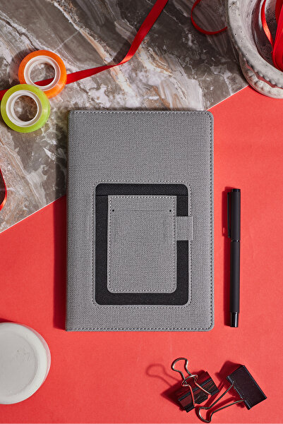 inkglo Gri Kanguru Cepli Kumaş Kişiye Özel Çizgili Düz Defter