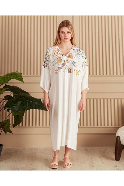 BeyzaBayram White Embroidered Viscose Oversize Women's Dress - Buttoned, Large Size