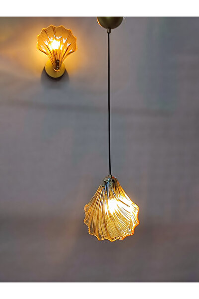 NOONLUX DESIGN&LIGHTING Shell Sarkıt Çift Bal Rengi Cam Ev Oturma Odası Yemek İstiridye Cafe Bar Restaurant E-14 Ampül