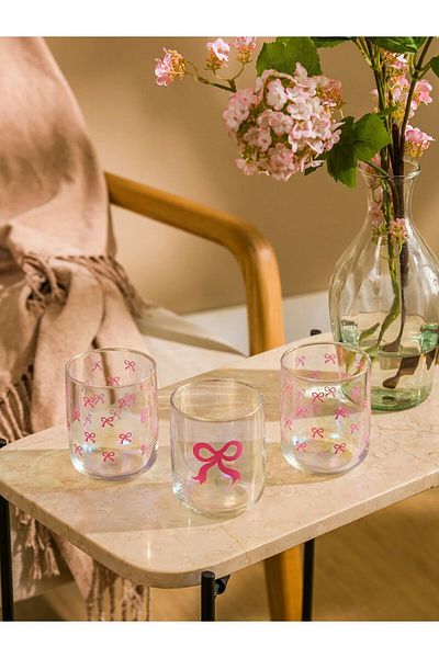 LC Waikiki Lcw Home Pink Ribbon Printed Glass Water Cup Set of 3 280 ml