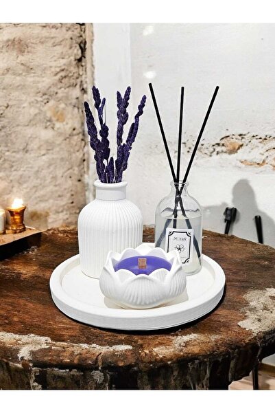 DNZ DEKOR 4Lü Set Lavanta Kokulu Lotus Mum + Çizgili Vazo + Fresh Oda Kokusu ...