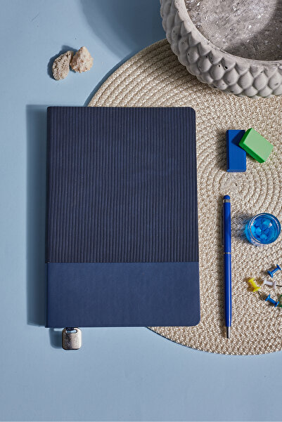 inkglo Lacivert Termo Deri Kadife Dokunuş Kişiye Özel Çizgili Düz Defter