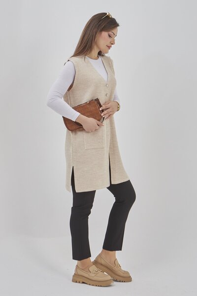 Fresh&Moda Women's Long Seasonal Knitwear Lycra Flexible Pocket Buttoned Vest