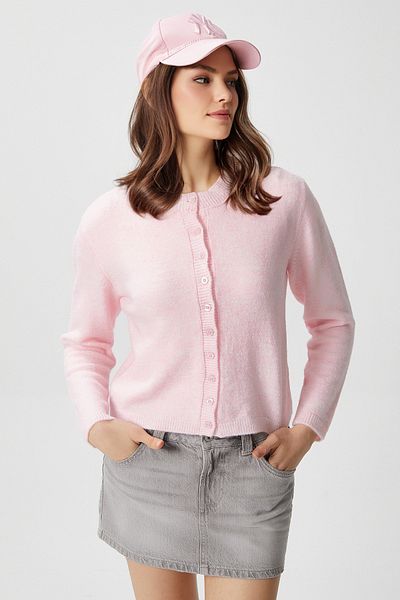 Ritnice Women's Nina Crew Neck Pink Basic Cardigan