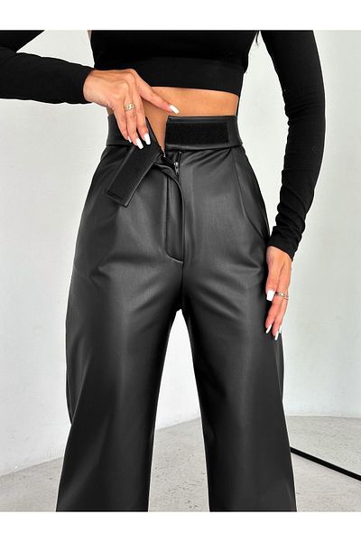 JUST MAY Pantaloni negri din piele cu velcro pentru femei cu fleece în interior