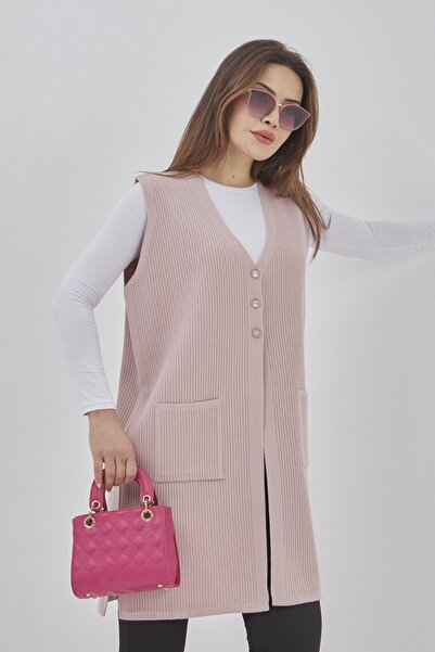 Fresh&Moda Women's Long Seasonal Knitwear Lycra Flexible Pocket Buttoned Vest