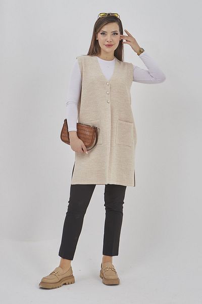 Fresh&Moda Γυναικείο μακρύ εποχιακό πλεκτό Lycra ελαστικό γιλέκο με κουμπιά