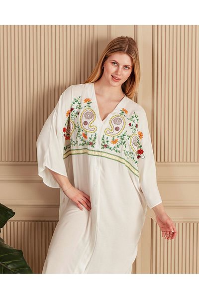 BeyzaBayram White Embroidered Viscose Midi Dress - Plus Size, Buttoned