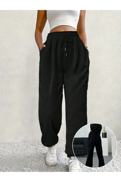 CAONNES Ψηλόμεσο μαύρο παντελόνι φόρμας RelaxFit Jogger - Ύφασμα πλεκτό με 2 ...