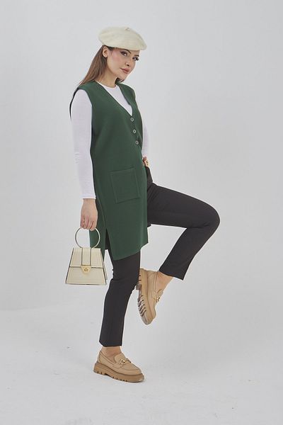 Fresh&Moda Women's Long Seasonal Knitwear Lycra Flexible Pocket Buttoned Vest
