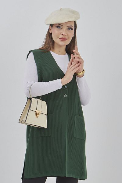 Fresh&Moda Women's Long Seasonal Knitwear Lycra Flexible Pocket Buttoned Vest