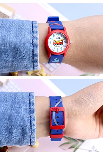 Q&Q Navy Blue Red Fire Engine Pattern Waterproof Boy's Wristwatch