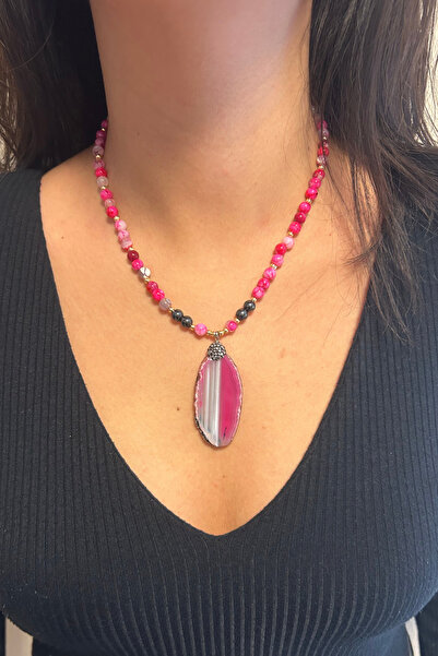 Suerte Accessories Pink Agate and Hematite Natural Stone Pink Quartz Natural Stone Nib Gold Accessory Special Design Handmade Necklace