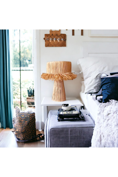 mammoly Bohem Abajur, Rafya, Jüt, Hasır, Rustik Lambader, Masaüstü, Yatak Odası, Salon Abajür, Gece Lambası