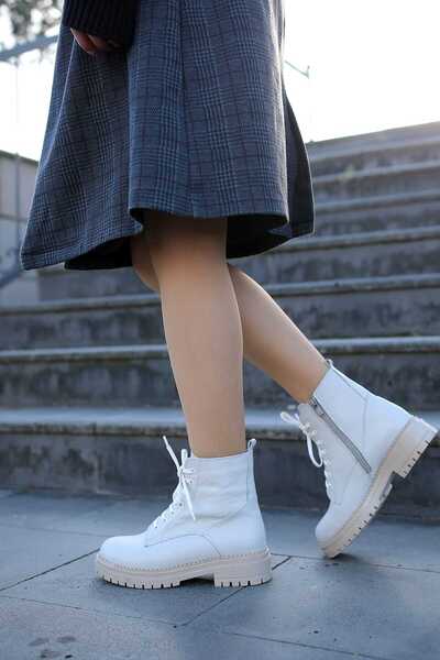 EREN SHOES BAG ( RİO) Hakiki Deri Bağcıklı-Fermuarlı İçi Ortopedik Tabanlı Kauçuk Bot GERÇEK DERİ EKRU FLOTTER