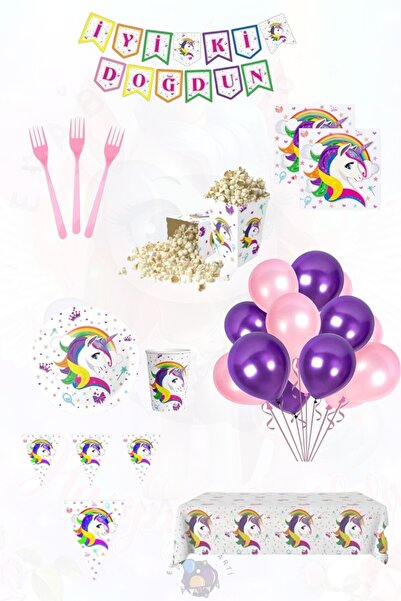 Evabrite Set tematic unicorn pentru 16 persoane Lux - Set pentru petrecerea d...