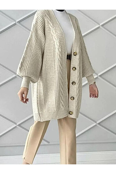 YUGA KNİTTİNG Balloon Sleeve Knitted Patterned Oversize Knitwear Women's Card...