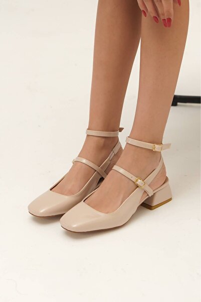 Lizzu Pantofi cu toc joasă Mary Jane pentru damă, piele lacuită Lovie bej