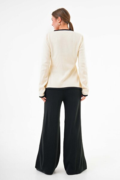 vuvutasarım V-подібний комір, бежевий кардиган і чорні брюки з високою талією і широкими штанинами - з короткими рукавами 5200